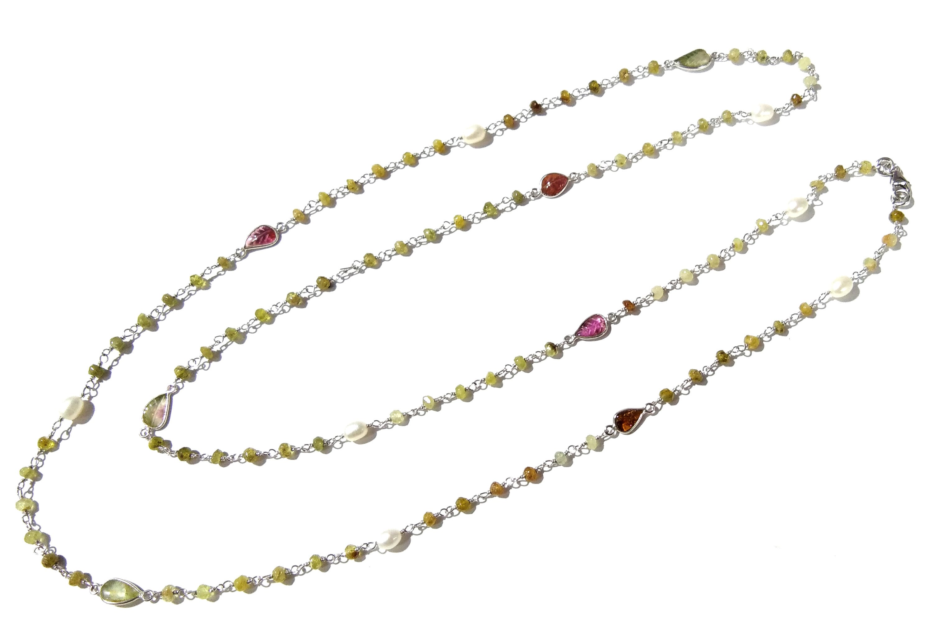 36'' Log Necklace ! Vessonite Necklace With Tourmaline & Pearl, 925 Sterling Silver Jewelry, Handmade Beaded Necklace, Gemstone Necklace.